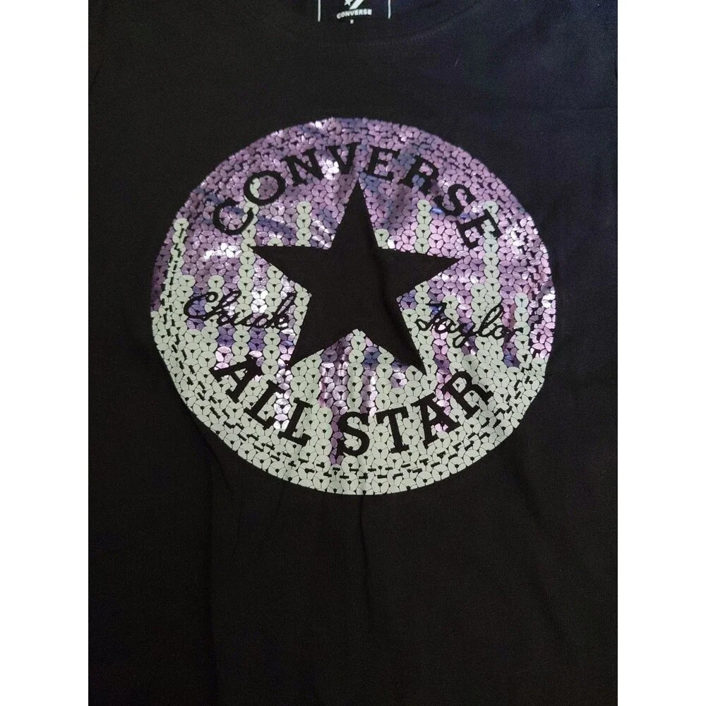 NWT Converse Girls L 12-13 Glitter Graphics All-Star Black Tee Top T-shirt